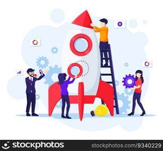 Business Startup concept, People are working together to build a rocket for launching a new business. Boost your business flat vector illustration