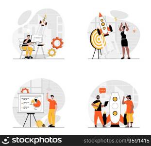 Business startup concept with character set. Collection of scenes people analyze financial data, creating success strategy, investing in project development. Vector illustrations in flat web design