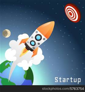 Business startup concept with flat rocket launch starting from earth vector illustration. Startup Rocket Concept
