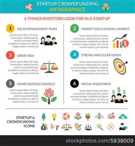 Business startup crowdfunding infographic layout poster . Business startup crowdfunding infographic layout poster with 6 important strategic hubs and pictograms symbols abstract vector illustration