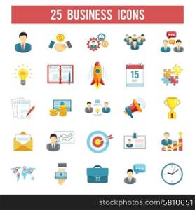 Business startup flat icons set. Successful startup business profitable principles for managers in 25 flat pictograms symbols collection abstract isolated vector illustration