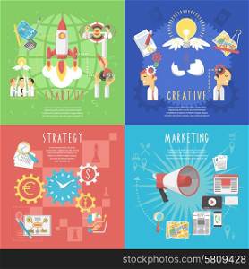 Business startup global strategy and creative marketing concept 4 flat icons composition poster abstract isolated vector illustration. Business startup concept 4 flat banner