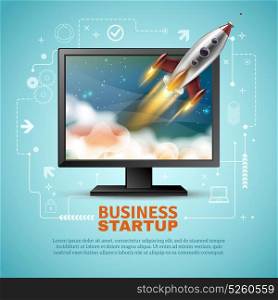 Business Startup Illustration. Business startup design with rocket flying from computer monitor on blue background with white scheme vector illustration