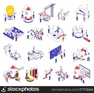Business startup isometric set of dollar banknote stacks glowing light bulb magnifying glass racket start isolated icons vector illustration. Business Startup Isometric Set