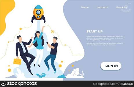 Business startup landing page. Website UI template. Time management and workflow optimization. Web service for project development. Workers cooperation. Vector colorful interface with text and buttons. Business startup landing page. Website UI template. Time management and workflow optimization. Project development. Workers cooperation. Vector colorful interface with text and buttons