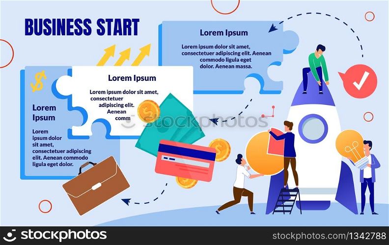 Business Startup Launch, Company or Project Start Flat Vector Infographics, Poster Template. Sample Text Blocks, Arrows and Businessmen Team Working Together, Preparing Rocket for Flight Illustration