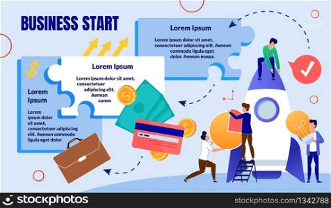 Business Startup Launch, Company or Project Start Flat Vector Infographics, Poster Template. Sample Text Blocks, Arrows and Businessmen Team Working Together, Preparing Rocket for Flight Illustration