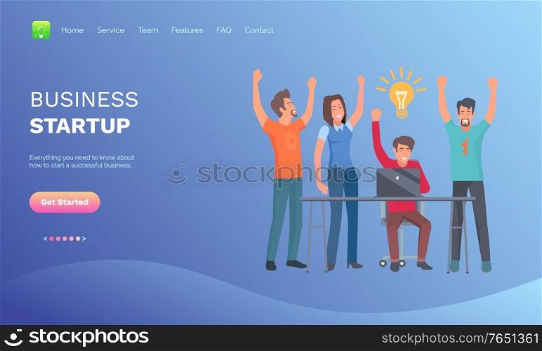Business startup, man with laptop on workplace, creative idea, teamwork research, people with rising hands, smiling workers, communication vector. Website or webpage template, landing page flat style. Teamwork Success, Creative Idea, Startup Vector