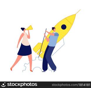 Business startup. Man woman start rocket, marketing or management concept. Teamwork and leadership, collaboration vector concept. Wwoman and man creative strategy business startup illustration. Business startup. Man woman start rocket, marketing or management concept. Teamwork and leadership, collaboration vector concept