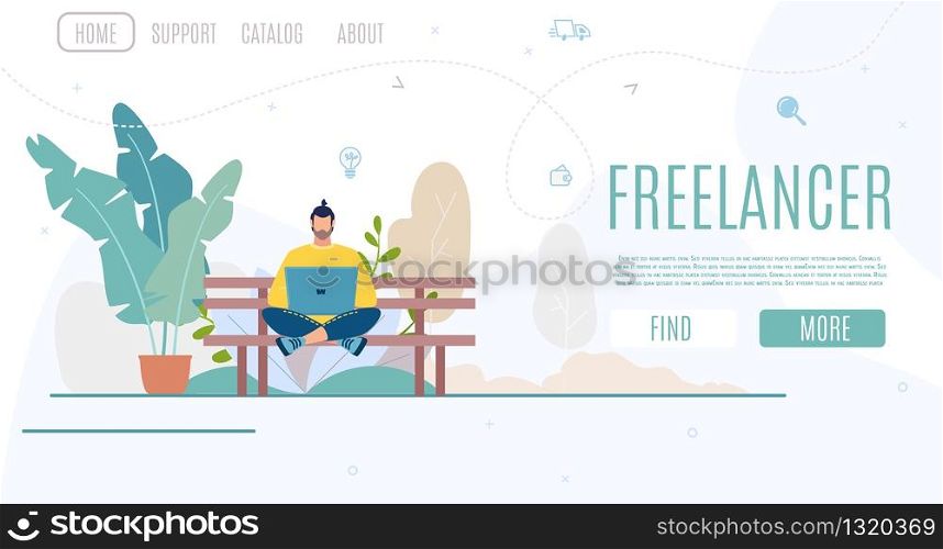 Business Startup, Online Service for Freelancers Flat Vector Web Banner, Landing Page Template with Freelancer Man Sitting at Bench in City Park, Using Laptop, Working Online Outdoor Illustration