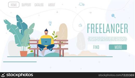 Business Startup, Online Service for Freelancers Flat Vector Web Banner, Landing Page Template with Freelancer Man Sitting at Bench in City Park, Using Laptop, Working Online Outdoor Illustration