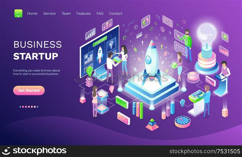 Business startup online web banner, invention. Space industry and rocket, eco light and digital technologies, ideas and projects vector illustration. Business Startup Online Web Banner, Invention