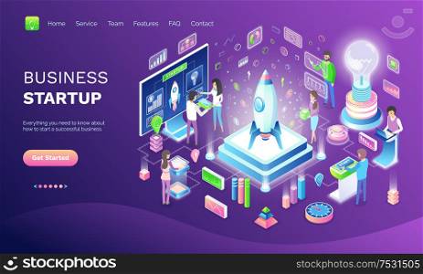 Business startup online web banner, invention. Space industry and rocket, eco light and digital technologies, ideas and projects vector illustration. Business Startup Online Web Banner, Invention