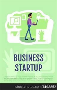 Business startup poster flat vector template. Businessman with IT project. Founder of company. Brochure, booklet one page concept design with cartoon characters. Entrepreneurship flyer, leaflet. Business startup poster flat vector template