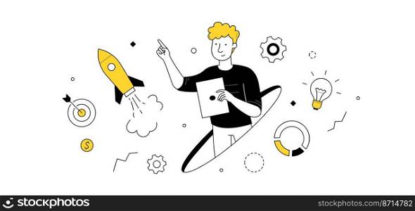 Business startup, project launch, successful idea presentation doodle concept with businessman and flying rocket with infographic icons around. Goal achievement, boost Linear vector illustration. Business startup, project launch, successful idea
