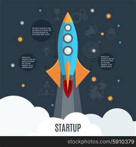Business startup rocket launch flat poster. Business startup project launch poster design with retro rocket symbol and informative text circles abstract vector illustration