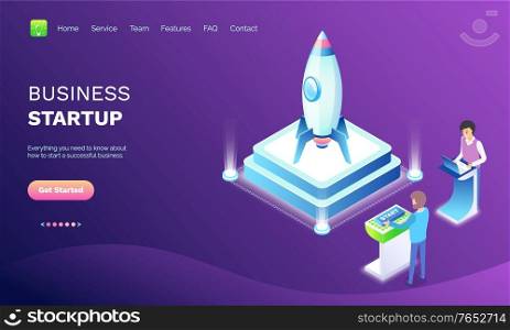 Business startup, testing rocket, innovation technology, presentation of device, creative idea and marketing, people standing with laptop vector. Website or webpage template, landing page flat style. Workers with Laptop, Business Startup Web Vector