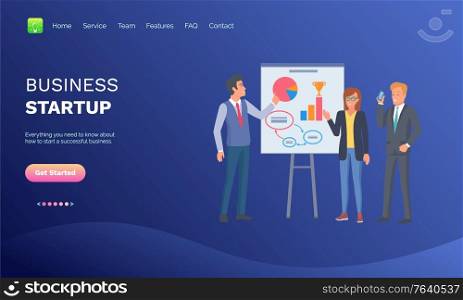 Business startup vector, businessman showing presentation and ideas shown on whiteboard, partners and investor listening to thoughts of male. Website or webpage template, landing page flat style. Business Startup Businessman with Presentation