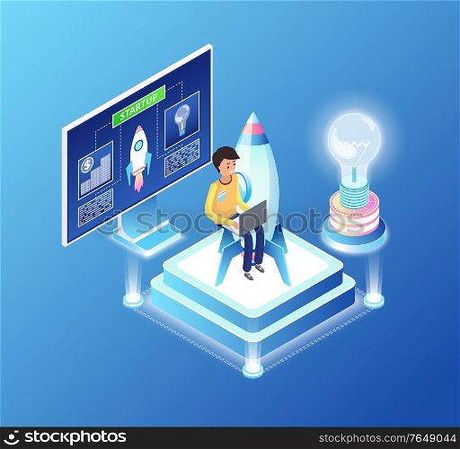 Business startup vector, man working on new innovative decision for project, male with laptop, rocket launching and light bulb, brainstorming person. Man Coding, Monitor with Info, Startup of Business