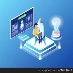 Business startup vector, man working on new innovative decision for project, male with laptop, rocket launching and light bulb, brainstorming person. Man Coding, Monitor with Info, Startup of Business