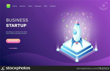 Business startup vector, pedestal with rocket with icons and currency dollar money coins and infographics, project on work, purple color. Website or webpage template, landing page flat style. Business Startup Rocket on Pedestal Spaceship
