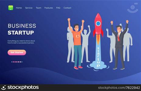 Business startup vector, people happy to launch rocket spaceship, successful team working on common project, businessman with ideas info set. Website or webpage template, landing page flat style. Business Startup Successful Team Achievement Web