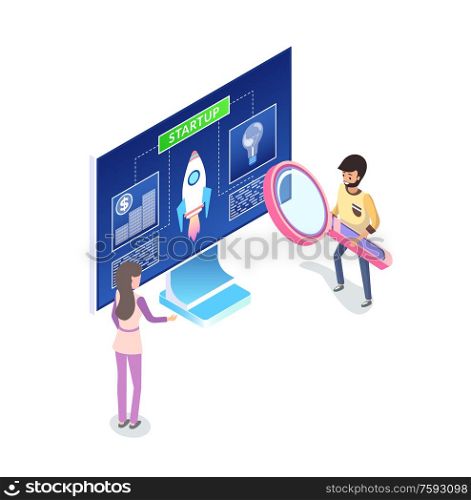 Business startup vector, people working with information on computer monitor, man with zooming tool magnifying glass, rocket launching at screen 3d. Monitor of Computer with Infographics and Charts