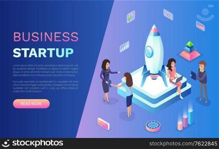 Business startup vector, team of skillful workers working with rocket standing on pedestal, infocharts and team using laptops and computers. Website or webpage template, landing page flat style. Business Startup People with Rocket on Pedestal