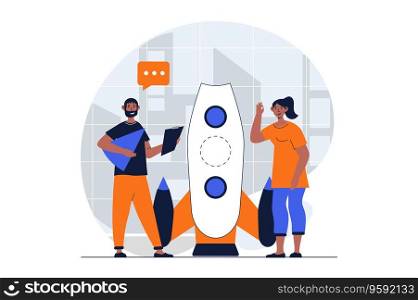 Business startup web concept with character scene. Man and woman creates ideas and building new company. People situation in flat design. Vector illustration for social media marketing material.
