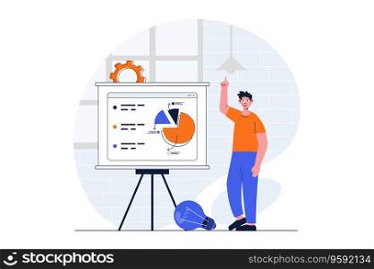 Business startup web concept with character scene. Man creates strategy for project and shows presentation. People situation in flat design. Vector illustration for social media marketing material.