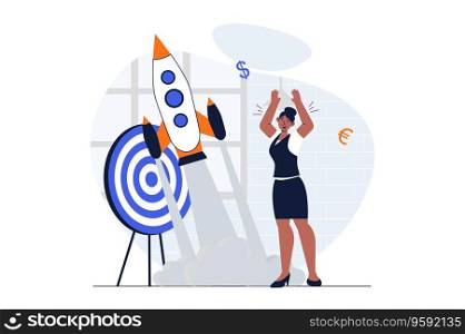 Business startup web concept with character scene. Woman investing money, planning and launches new company. People situation in flat design. Vector illustration for social media marketing material.