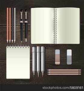 Business stationery tools mockup set with realistic paper notebooks and pencils isolated on wooden background vector illustration. Business Mockup Illustration