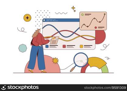 Business statistic concept with character situation in flat design. Woman analyzes data and financial statistics of development of company, writes report. Vector illustration with people scene for web