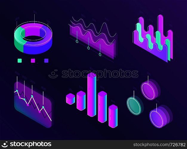 Business statistic digital infographic charts. Modern isometric info graph. Perfection percent cyan and purple diagram statistic column panel for website isometric concept 3d on dark purple background. Business statistic digital infographic charts. Modern isometric info graph. Perfection percent column panel for website isometric concept set