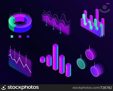Business statistic digital infographic charts. Modern isometric info graph. Perfection percent cyan and purple diagram statistic column panel for website isometric concept 3d on dark purple background. Business statistic digital infographic charts. Modern isometric info graph. Perfection percent column panel for website isometric concept set