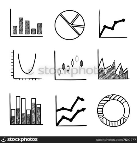 Business statistical charts and graphs with a pie graph, bar graphs, arrow graphs and flow chart with various performance trends. Sketch style icons. Sketch style icons of business charts and graphs
