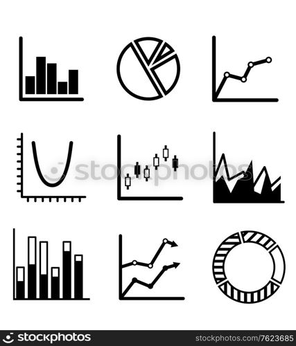 Business statistical charts and graphs with a pie graph, bar graphs, arrow graphs and flow chart showing various performance trends