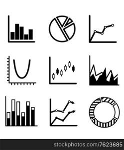 Business statistical charts and graphs with a pie graph, bar graphs, arrow graphs and flow chart showing various performance trends