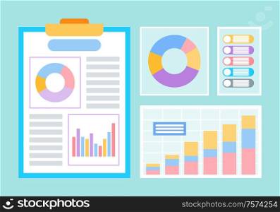 Business statistical data, graphics and charts vector. Notepad with analytical graphs and finance, scheme and project planning, income and profit growth. Graphics and Charts, Business Statistical Data