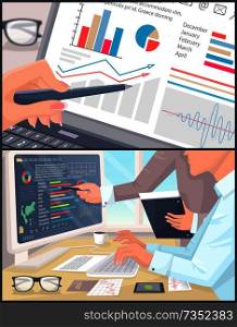 Business statistics and analytics color poster, vector illustration with office employees analyzing statistical data on their laptop, power computer. Business Statistics and Analytics Color Poster