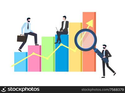 Business statistics, chart or graphic, businessmen vector. Entrepreneurs in office suits with laptop or briefcase, big magnifier, economic growth. Business Statistics, Chart or Graphic, Businessmen