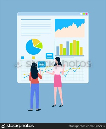 Business statistics charts vector, female entrepreneurs. Diagram and graphics, women discussing startup and analytical data on webpage, businesswoman. Business Statistics Charts, Female Entrepreneurs