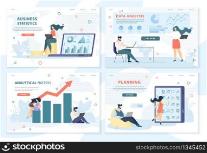Business Statistics, Data Analysis, Analytical Processes, Planning Horizontal Banner Set. Office Employees Characters Work on Project with Graph and Chart Information. Cartoon Flat Vector Illustration. Office Employees Characters Work Business Project