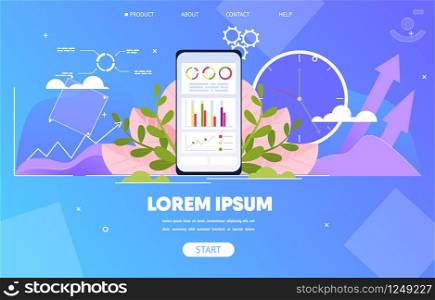 Business Statistics, Financial Analytics, Stock Exchange Indexes Monitoring Online Service, Mobile App Carton Vector Web Banner, Landing Page. Diagram and Infographics on Cellphone Screen Illustration