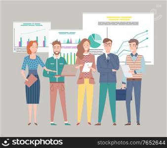 Business statistics vector, team dealing with information analysis and results of project, man and woman with documents and briefcases, reports and data. Whiteboard with Diagrams and Infographics Vector