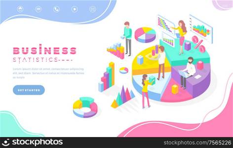 Business statistics workers data information vector. People working with visualization of info, schemes and diagrams, woman and man with charts. Website or webpage template, landing page in flat style. Business Statistics Workers with Data Information