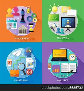 Business steps concept management promotion monitoring analytics icons set isolated vector illustration
