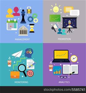 Business steps departments concept management promotion monitoring analytics flat icons set isolated vector illustration