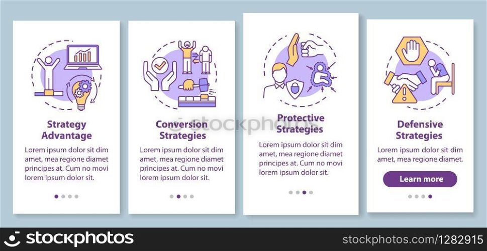 Business strategies onboarding mobile app page screen with concepts. Management. Marketing walkthrough 4 steps graphic instructions. UI vector template with RGB color illustrations
