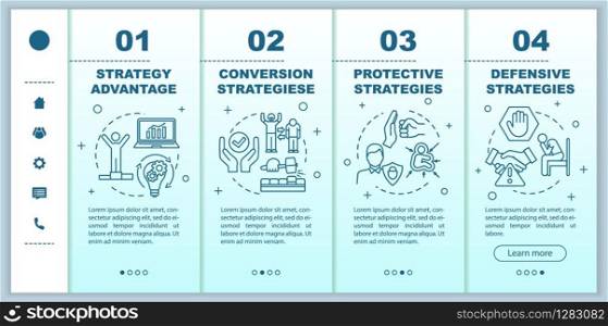 Business strategies onboarding vector template. Achieving goals. Conversion funnel. Marketing, development. Responsive mobile website with icons. Webpage walkthrough step screens. RGB color concept